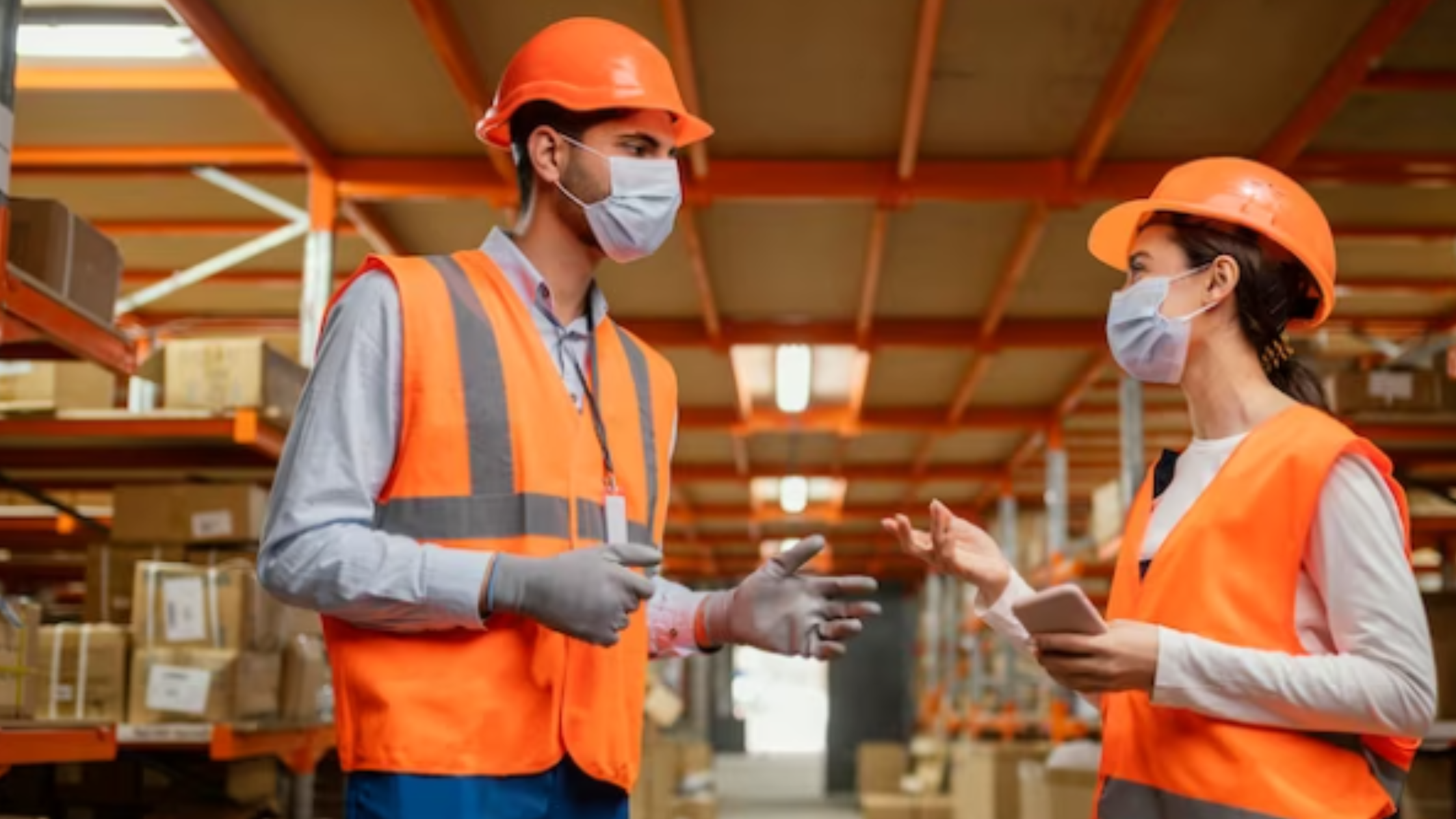 Two workers in a conversation about safety compliance at the workplace